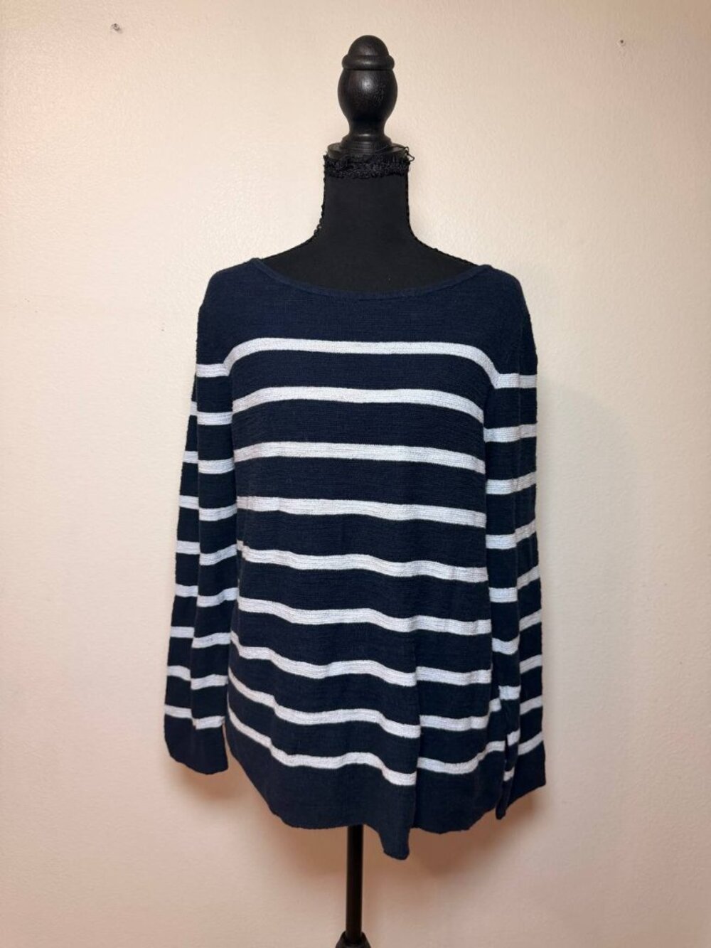 J.Jill Navy White Striped Boatneck Sweater Nautical French Girl Fall Style Large